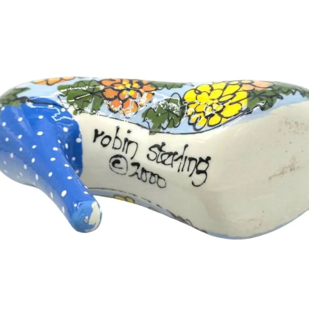 Hand-Painted Ceramic High Heel Shoe By Robin Starling Signed 2000 Floral Polka D - Picture 5 of 5